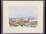 a picture of a painting of boats on the water