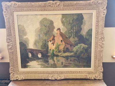 a picture of a painting of a house by the water