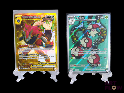two pokemon cards on display on a black background