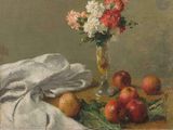 une peinture représentant un vase de fleurs et de fruits sur une table