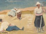 un tableau représentant des personnes sur la plage en train de jouer avec une batte de baseball
