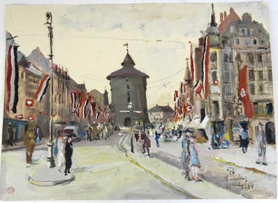 une peinture de personnes marchant dans la rue avec des parapluies
