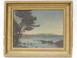 une image représentant une peinture d'une scène de plage avec un arbre au premier plan