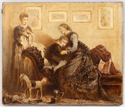 une image représentant un tableau où l'on voit une femme assise sur un canapé à côté d'un chien