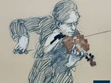 a drawing of a man in a suit playing a violin