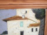a painting of a white house with a brown roof