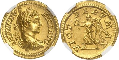 a gold coin with an image of a woman and a man on it