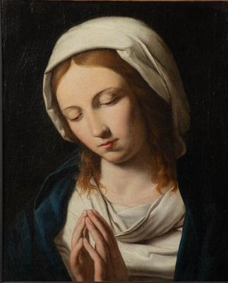 an oil painting of a woman praying with her eyes closed