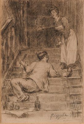 an image of a drawing of a man and a woman sitting on the steps