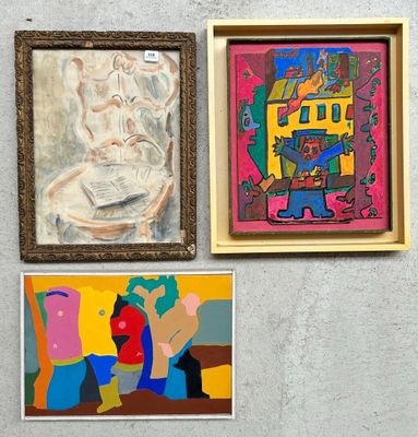 three paintings on a wall in a room with a wall mounted on the wall