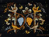 a picture of a painting of birds and grapes on a black background
