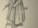 drawing of an old man with a cane and a hat
