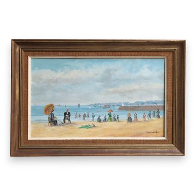 an oil painting of a beach scene with people on the sand and a boat in the water