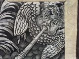 a black and white drawing of a man playing a flute
