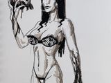 a drawing of a woman holding a skull in her hand
