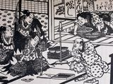 a black and white drawing of a group of women sitting at a table