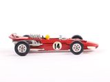 a red race car with numbers on the side