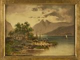an image of a painting of a lake with a mountain in the background