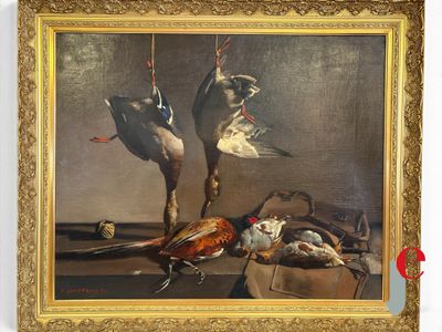 a picture of a painting of birds hanging from a rope