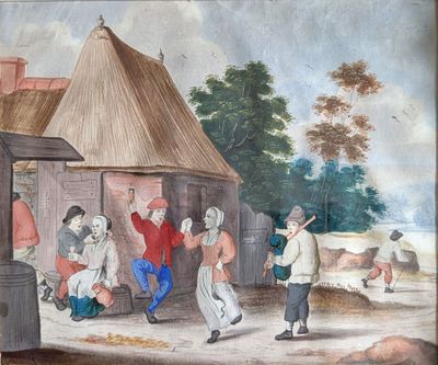 a painting of a group of people outside of a building