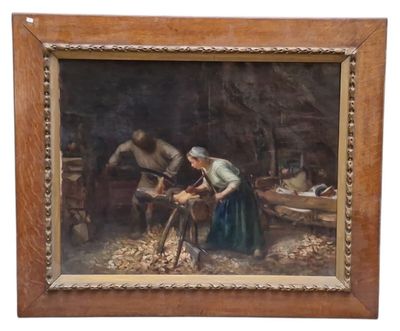 tableau représentant une femme travaillant dans un atelier, avec un cheval en arrière-plan