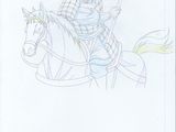 un dessin représentant un homme à cheval, muni d'une épée