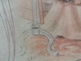 a drawing of a woman holding a knife and a cat