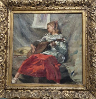 une peinture à l'huile représentant une femme jouant de la guitare, dans un cadre doré