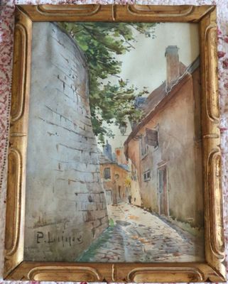 une image représentant un tableau d'une ruelle étroite, dans un cadre doré