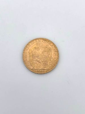 a close up of a gold coin on a white surface