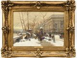 une image représentant une peinture d'une rue de ville où des gens marchent dans la neige