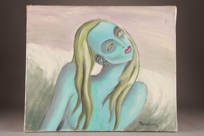 a painting of a woman with blue skin and long blonde hair