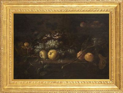 tableau représentant une nature morte composée de fruits posés sur une table, dans un cadre doré