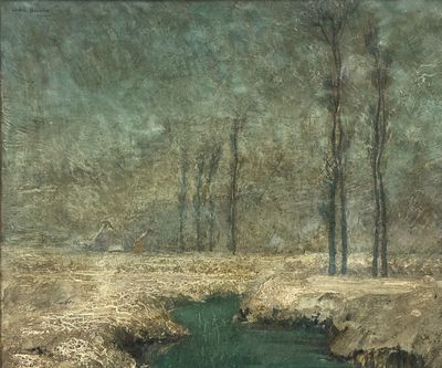 un tableau représentant un ruisseau qui traverse un champ