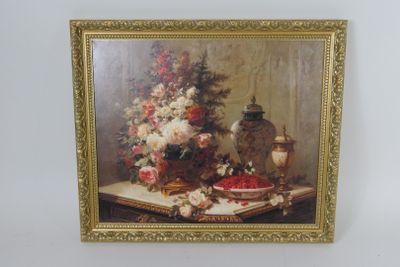 tableau représentant un vase de fleurs posé sur une table, à côté d'un autre vase de fleurs