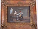 un vieux tableau représentant deux personnes jouant d'un instrument dans une pièce