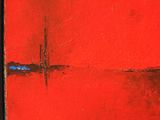 an oil painting of a red square with a blue line in the middle