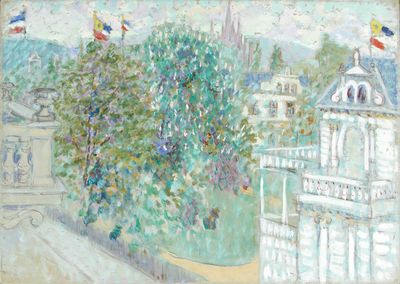 peinture représentant un tableau d'un bâtiment avec une tour horloge en arrière-plan