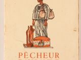 an old book with a drawing of a man standing on top of a suitcase