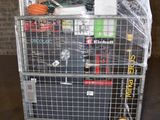 a metal cart with a bunch of items in it
