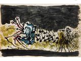 an image of a painting of a man riding a horse in a field