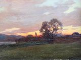 une image représentant un tableau représentant un coucher de soleil sur un lac