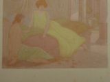 a painting of a woman in a yellow dress sitting on a bed