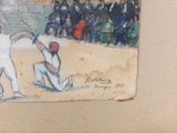 a painting of a baseball game being played on the field