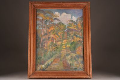 an oil painting of a landscape with trees and a path