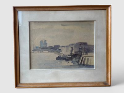 framed picture of a painting of a cityscape in a wooden frame