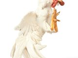 statue of a rooster with a fish in its beak on a white background
