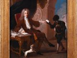 une image représentant un tableau où l'on voit un homme assis sur une chaise avec un chien