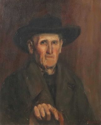 tableau représentant un vieil homme avec un chapeau et une canne