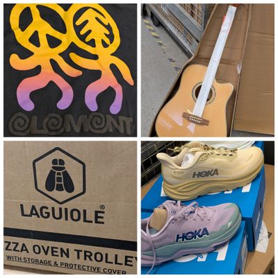 plusieurs photos d'objets divers, notamment une guitare, une boîte à chaussures et une paire de chaussures
